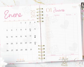 AGENDA DE TURNOS 2026  media carta / agenda 2026 en español  / agenda con horas / agenda para citas / 2026 / agenda en español maquillaje