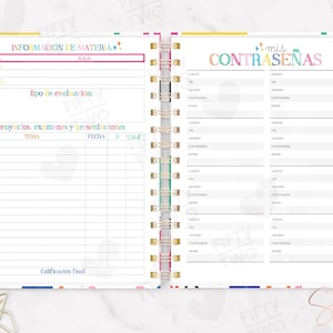 May include: A spiral-bound planner open to two pages. The left page is titled INFORMACI&Oacute;N DE MATERIA and includes sections for projects, exams, and presentations. The right page is titled mis CONTRASE&Ntilde;AS with fields for account login details.