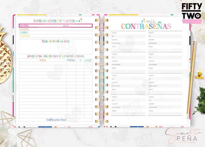 May include: A spiral-bound planner open to two pages. The left page is titled INFORMACI&Oacute;N DE MATERIA and includes sections for projects, exams, and presentations. The right page is titled mis CONTRASE&Ntilde;AS with fields for account login details.