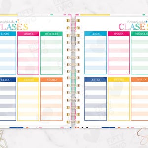 May include: A spiral-bound planner open to two identical pages featuring a class schedule titled "horario de CLASES". Each page has six columns for days of the week with alternating pastel-colored horizontal stripes in blue, pink, green, purple, yellow, and orange.