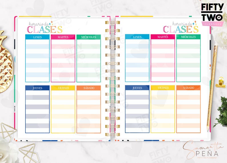 May include: A spiral-bound planner open to two identical pages featuring a class schedule titled "horario de CLASES". Each page has six columns for days of the week with alternating pastel-colored horizontal stripes in blue, pink, green, purple, yellow, and orange.