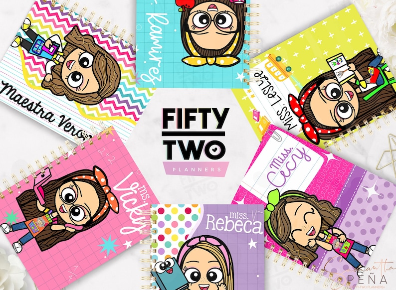 May include: A collection of spiral-bound planners with cartoon illustrations of teachers. Each planner features a different name, such as "Maestra Vero" and "Miss Leslie." The planners have colorful covers with various patterns and designs.
