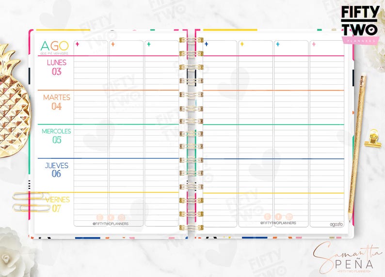 May include: An open spiral-bound planner with white pages featuring a weekly layout. The left page lists days from Monday to Friday in Spanish with colorful horizontal lines. The top right corner displays the text FIFTY TWO PLANNERS.