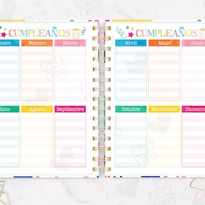 May include: A spiral-bound planner open to a two-page spread titled CUMPLEA&Ntilde;OS. The pages feature a grid layout with twelve colorful sections labeled with the months of the year in Spanish, from Enero to Diciembre, with space for notes.