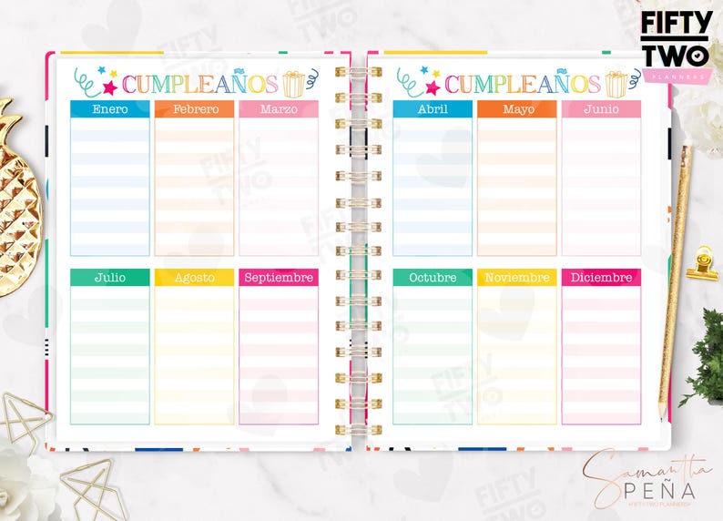 May include: A spiral-bound planner open to a two-page spread titled CUMPLEA&Ntilde;OS. The pages feature a grid layout with twelve colorful sections labeled with the months of the year in Spanish, from Enero to Diciembre, with space for notes.