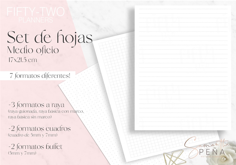 May include: A set of 7 different printable planner pages in various formats, including lined, grid, and bullet journal styles. The pages are designed for use with a half-letter size planner, measuring 17 x 21.5 cm.