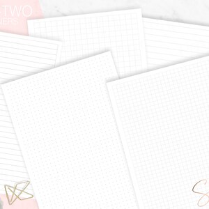 May include: Five different blank paper sheets with different grid patterns. The sheets are arranged in a staggered pattern. The top sheet has a grid pattern with large squares. The sheet below it has a grid pattern with smaller squares. The sheet below that has a dotted pattern. The sheet below that has a grid pattern with even smaller squares. The bottom sheet has a lined pattern. The text "FIFTY-TWO PLANNERS" is visible in the top left corner of the image.