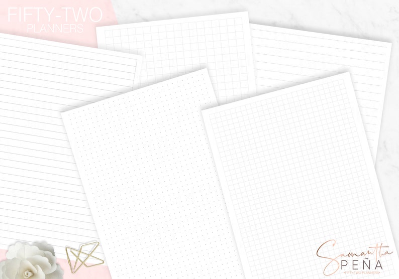May include: Five different blank paper sheets with different grid patterns. The sheets are arranged in a staggered pattern. The top sheet has a grid pattern with large squares. The sheet below it has a grid pattern with smaller squares. The sheet below that has a dotted pattern. The sheet below that has a grid pattern with even smaller squares. The bottom sheet has a lined pattern. The text "FIFTY-TWO PLANNERS" is visible in the top left corner of the image.