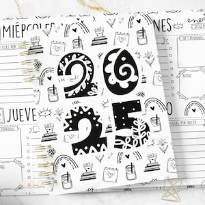 Agenda doodle 2025 media carta / dos días a la vista / agenda blanco y negro / agenda imprimible / descarga en Pdf / agenda en español 2025