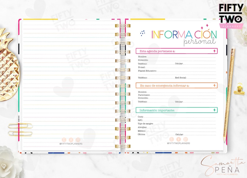 May include: An open spiral-bound planner with a lined left page and a right page titled Informacion Personal. The right page features sections for personal details, emergency contacts, and medical information with colorful headers.