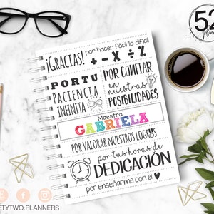 Puede incluir: Una página de planificador imprimible colorida con el texto "¡GRACIAS!" y "PORTU POR CONFIAR" en español. La página también incluye el texto "Maestra GABRIELA" y "POR VALORAR NUESTROS LOGROS por tus horas de DEDICACIÓN por enseñarme con el ♥".
