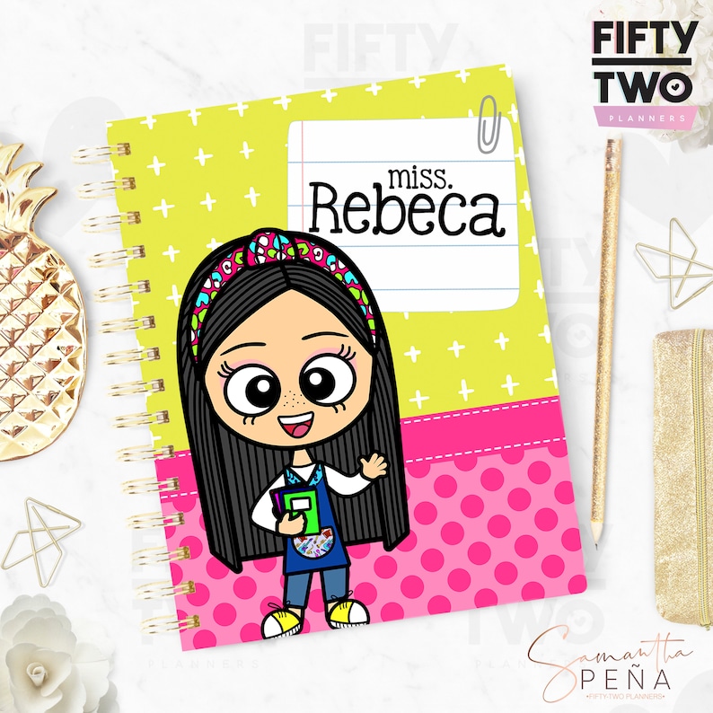 May include: A spiral-bound planner with a cartoon illustration of a girl on the cover. The cover is lime green with white crosses and a pink polka-dot section. The text "miss. Rebeca" is on the cover.