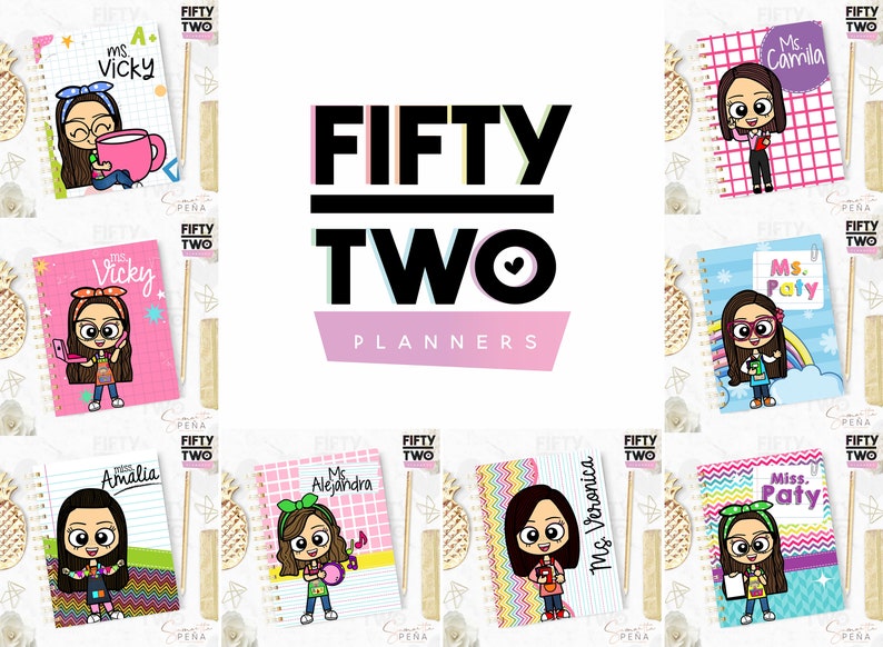 May include: A collection of spiral-bound notebooks with cartoon illustrations of women, each with a different name on the cover. The notebooks are in various colors, including pink, blue, and white, and feature the "FIFTY TWO PLANNERS" logo.