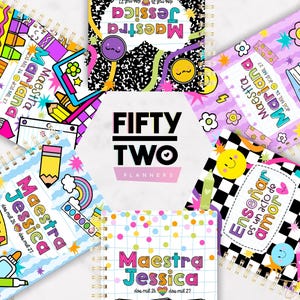 May include: A collection of colorful spiral-bound planners with various designs, including rainbows, pencils, and smiley faces. The planners feature the names "Jessica" and "Mariana" in bold text, with the words "Maestra" and "dos mil" also visible.