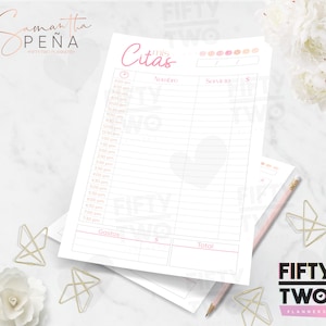 Op de afbeelding: Een afdrukbare plannerpagina met de titel "Mis Citas" in roze letters. De pagina is verdeeld in kolommen voor tijd, naam, service en kosten. Er zijn ook secties voor "Gastos" en "Total".