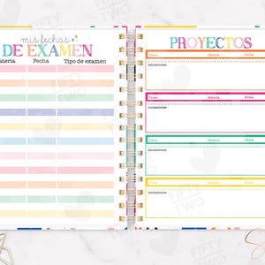 May include: A spiral-bound planner open to two pages. The left page is titled mis fechas DE EXAMEN with columns for Materia, Fecha, and Tipo de examen. The right page is titled PROYECTOS with four colorful sections for tracking tasks.