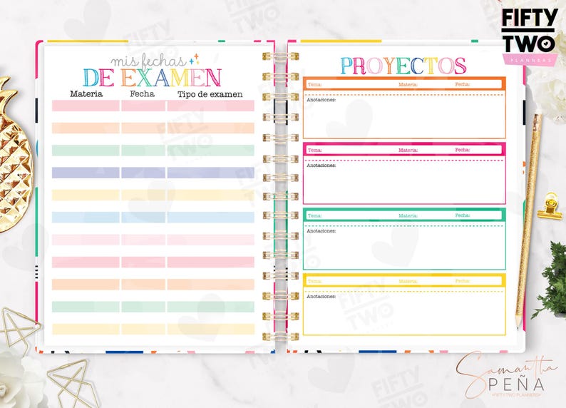 May include: A spiral-bound planner open to two pages. The left page is titled mis fechas DE EXAMEN with columns for Materia, Fecha, and Tipo de examen. The right page is titled PROYECTOS with four colorful sections for tracking tasks.