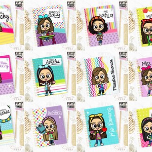 May include: Notebooks with cartoon illustrations of teachers, each with a different name. The notebooks have spiral bindings and colorful covers with patterns like stripes, polka dots, and zigzags. The teachers are depicted with various accessories.