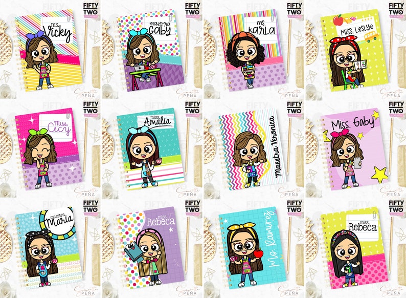 May include: Notebooks with cartoon illustrations of teachers, each with a different name. The notebooks have spiral bindings and colorful covers with patterns like stripes, polka dots, and zigzags. The teachers are depicted with various accessories.