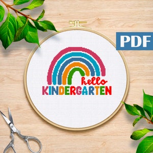 Hello kindergarten grade rainbow cross stitch pattern Back to school pattern PDF Hello school cross stitch  Modern pattern Teacher Life PDF