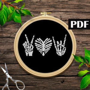 Peace, Love, Rock and Roll cross stitch pattern Skeleton embroidery Radiology embroidery PDF Symbol of peace pattern Modern cross stitch