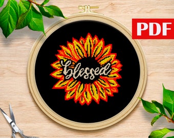 Blessed cross stitch pattern Sunflower cross stitch Blessed sign cross stitch Modern Cross Stitch Flower cross stitch  Cross stitch words