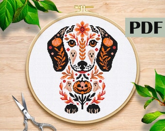 Halloween Dachshund cross stitch pattern PDF Pumpkin Dachshund hand made pattern Dachshund in flowers design Beginners Pattern DIY patterns