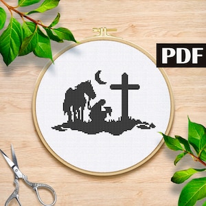 Cowboy with Horse Kneeling Praying at Memorial cross stitch pattern Western cross stitch pattern Cowboy Silhouettes PDF Modern cross stitch