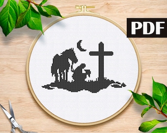 Cowboy with Horse Kneeling Praying at Memorial cross stitch pattern Western cross stitch pattern Cowboy Silhouettes PDF Modern cross stitch