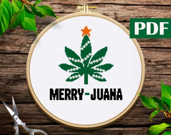 Merry Juana cross stitch pattern Merry Christmas cross stitch Marijuana Leaf modern cross stitch Christmas decor Rastaman style stitch