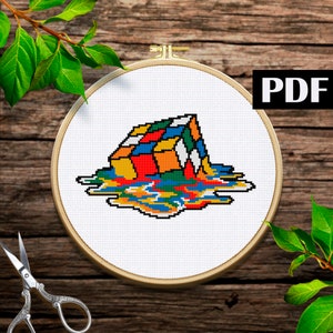 Rubik&#39;s cube cross stitch pattern Retro gaming rubik cube pattern PDF Game rubik&#39;s cube handmade pattern PDF Rainbow rubik cross stitch