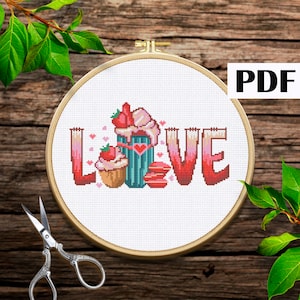 Valentine coffee lover cross stitch pattern PDF Valentine drink embroidery  Latte iced stars coffee cross stitch Heart Love pattern PDF