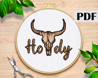 Howdy cross stitch pattern PDF Cowboy with horse cross stitch Texas state counted pattern PDF Cowboy hat cross stitch Nature pattern PDF