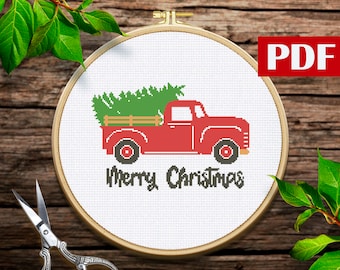 Christmas truck cross stitch pattern Merry Christmas cross stitch Holiday design Christmas tree truck cross stitch pattern Christmas decor