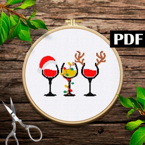 Wine Christmas cross stitch pattern Merry Christmas cross stitch Christmas decor Beginners counted cross stitch Christmas gift DIY ideas