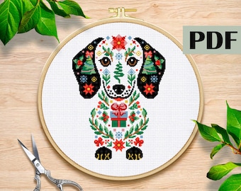 Christmas Dachshund cross stitch pattern Dachshund hand made pattern PDF Dachshund in flowers design DIY instant download Merry Christmas