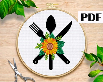 Kitchen cross stitch pattern Kitchen tools pattern PDF Home cross stitch Sunflower embroidery Modern cross stitch Modern Kitchen embroidery
