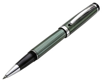 Xezo Incognito Rollerball Pen, Fine Tip. Zinc Green Color Lacquer on Guilloche Brass Body. Platinum Plated. Handmade & Limited Edition