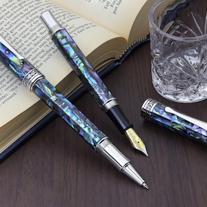 Xezo Maestro® Paua Abalone Sea Shell Fountain Pen (Medium Nib) and Rollerball Pen Set - Platinum Plated