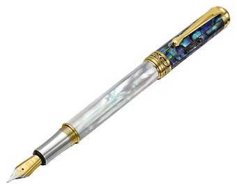 Xezo Maestro Fountain Pen, Fine Nib. Oceanic White Mother of Pearl and Blue Abalone Seashell Inlay. 18K Gold & Platinum Plated. Handmade