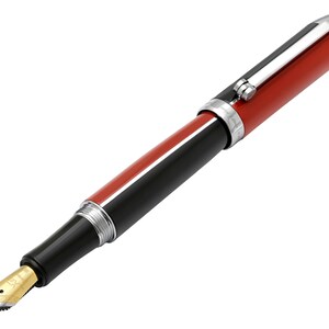 Xezo Visionary Fountain Pen, Medium Nib. Red & Black Colorblock Pattern, Hand-Enameled. Chrome Plated. Handmade, Serialized, Limited Edition