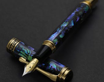 Xezo Maestro Fountain Pen, Medium Nib. Natural Abalone Sea Shell Inlay, Iridescent. 18K Gold Plated. Handmade & Limited Edition