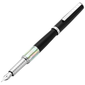 May include: A black fountain pen with a silver trim and a mother-of-pearl inlay. The pen has a twist mechanism and a fine nib.