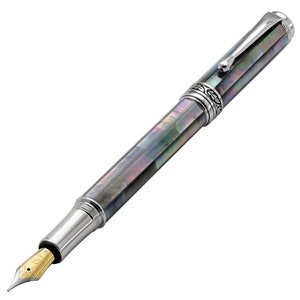 Xezo Maestro Fountain Pen, Medium Tip. Black Mother of Pearl, .999 Platinum Plated. Handmade