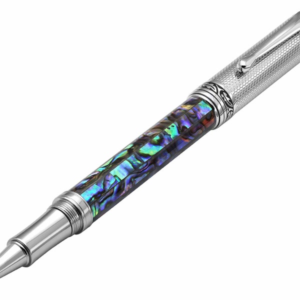 Xezo Maestro Rollerball Pen, Fine Tip. Paua Abalone Sea Shell Inlay. Chrome Plated. Handmade & Limited Edition