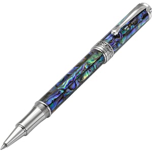 Xezo Maestro Rollerball Pen. Natural Abalone Sea Shell Inlay, Iridescent. Platinum Plated Brass. Handmade & Limited Edition