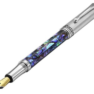 Xezo Maestro Fountain Pen, Medium Nib. Paua Abalone Sea Shell Inlay. Chrome Plated. Handmade & Limited Edition