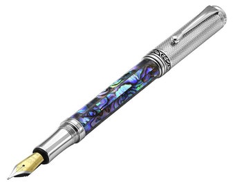 Xezo Maestro Fountain Pen, Medium Nib. Paua Abalone Sea Shell Inlay. Chrome Plated. Handmade & Limited Edition