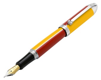 Xezo Visionary Fountain Pen, Medium Nib. Aspen Gold and Red Enamel, Hand-Painted. Chrome Plated. Handmade, Limited Edition of 500