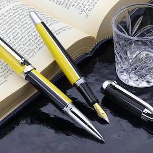 Xezo Visionary® Brass & Aluminum Enameled Fountain Pen (Fine Nib) and Rollerball Pen Set - Speed Yellow / Black
